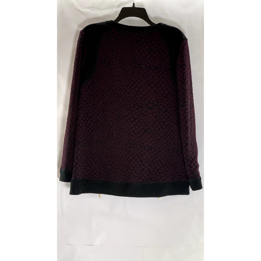 REBECCA TAYLOR Women's Wine-Black Animal Print Crewneck Moto Zip Sweater SZ 10