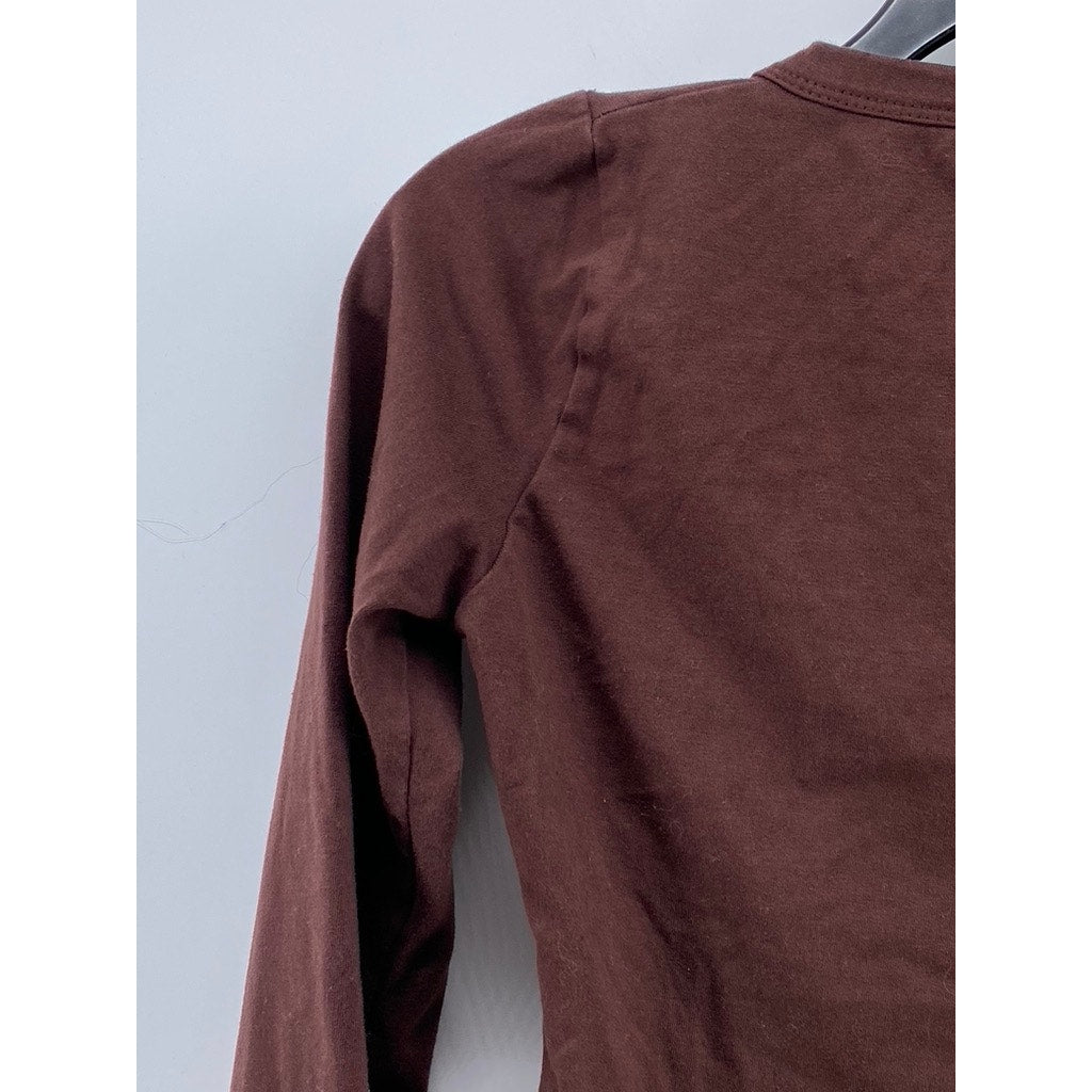 PRETTYLITTLETHING Women's Brown Solid Asymmetrical Button-Up Long Sleeve Top SZ2