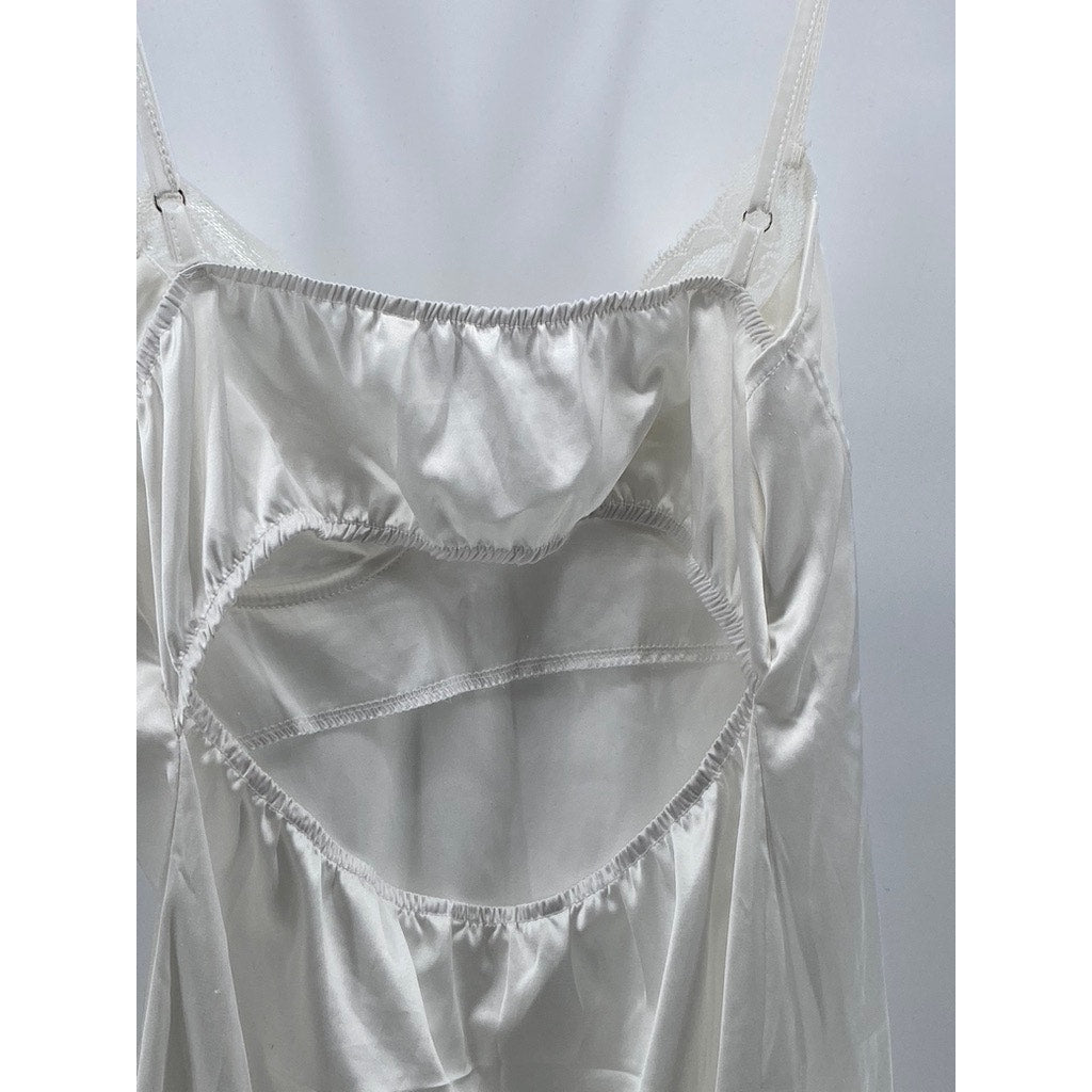 UNBRANDED Women's White Silk Lace-Trim Cutout Back Mini Night Gown SZ M
