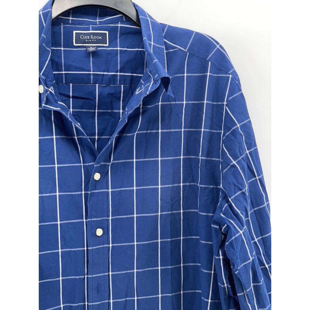 CLUB ROOM Men's Dark Blue Windowpane Slim-Fit Button-Up Long Sleeve Shirt SZ XL
