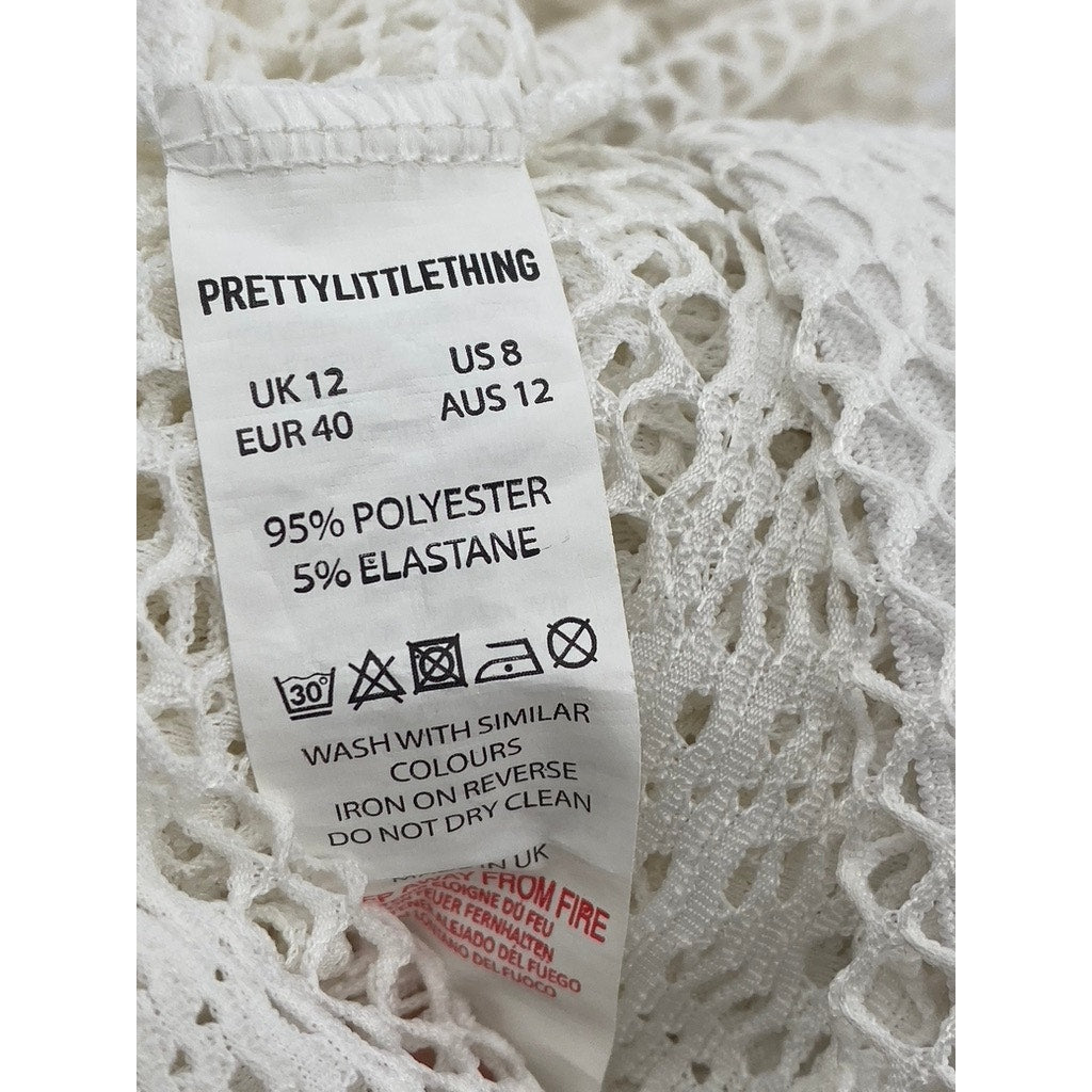 PRETTYLITTLETHING Women's White Mesh Elastic Waist Pull-On Wide-Leg Pant SZ 8