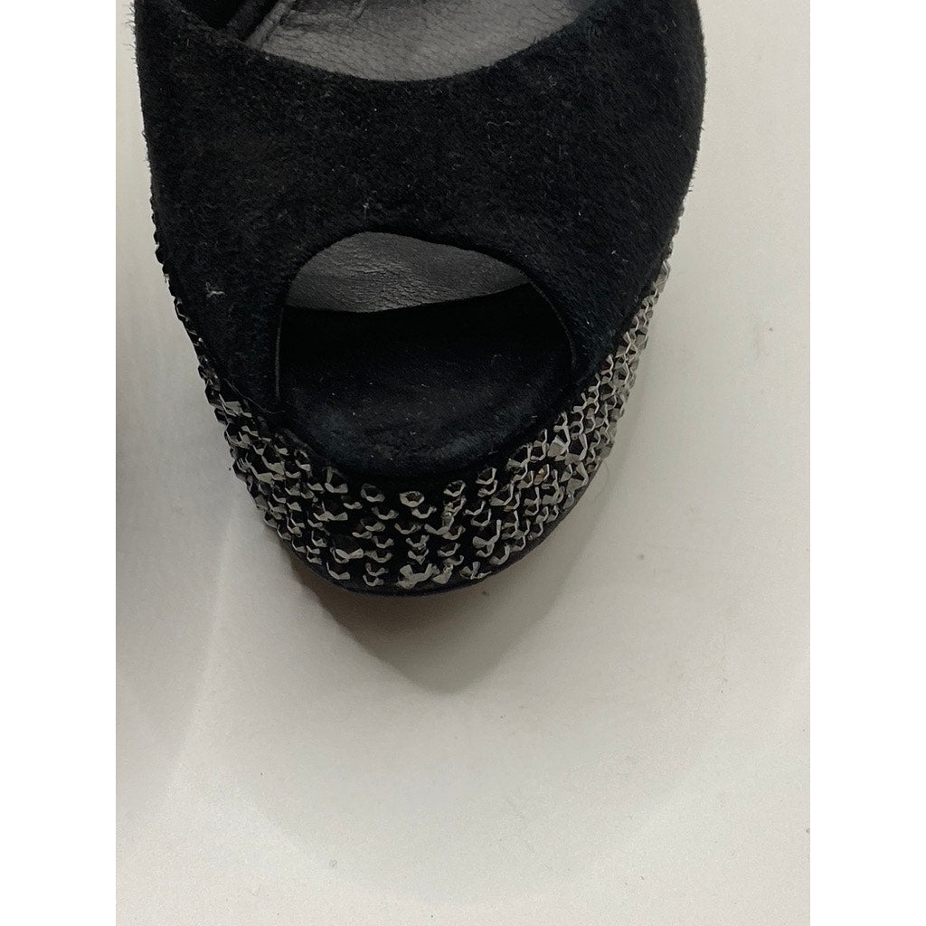 BRIAN ATWOOD Women’s Black Rhinestone Embellished Peep-Toe Platform Pumps SZ 6.5