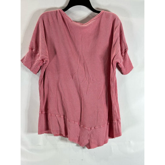 SUNDANCE Women's Washed Pink Oversized Scoop-Neck Sleeve Waffle-Knit Top SZ S