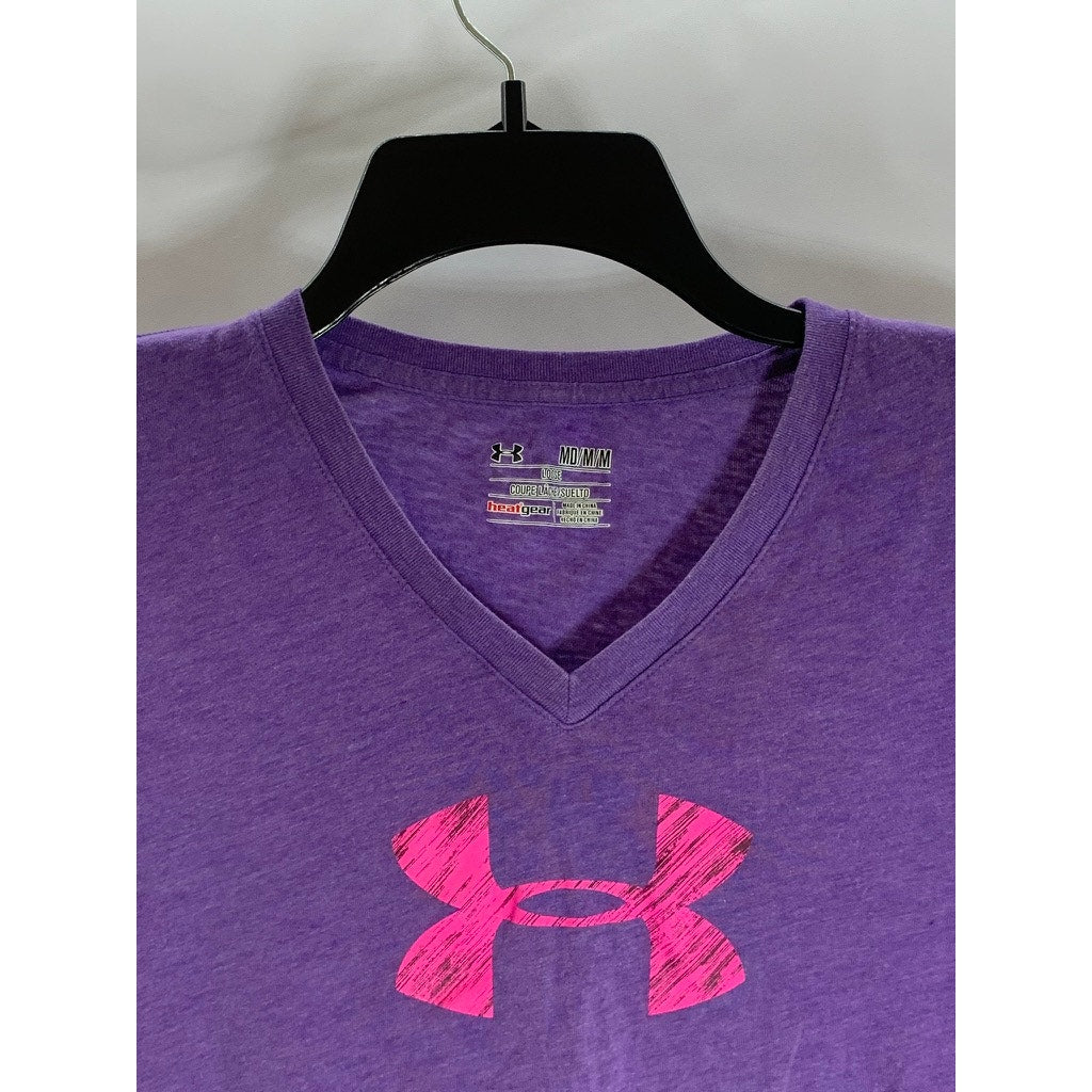 UNDER ARMOUR Women's Purple/Pink Loose HeatGear V-Neck Short Sleeve Top SZ M