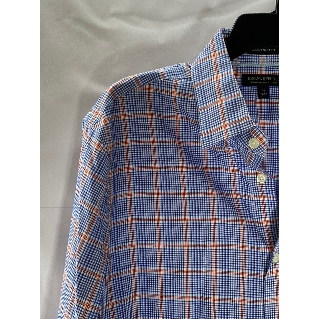 BANANA REPUBLIC Men's Blue-Orange Plaid Grant Slim-Fit Button-Up Shirt SZ M