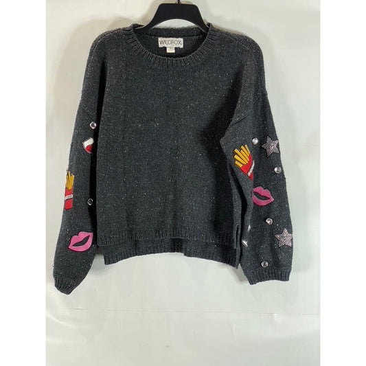 WILDFOX Women's Charcoal Crewneck French Fries & Kisses Pullover Sweater SZ S