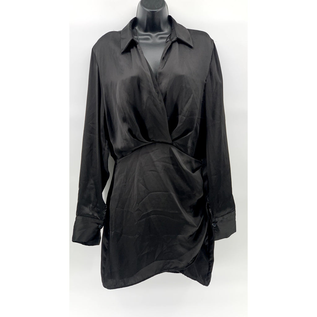 ZARA Women's Black Surplice Neck Long Sleeve Collared Side-Ruched Mini Dress SZM