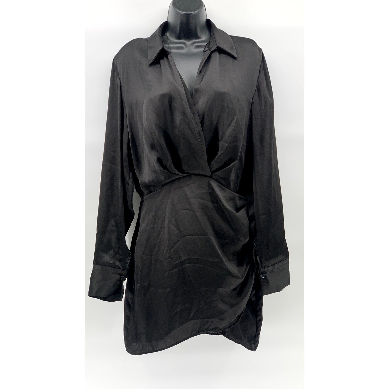 ZARA Women's Black Surplice Neck Long Sleeve Collared Side-Ruched Mini Dress SZM