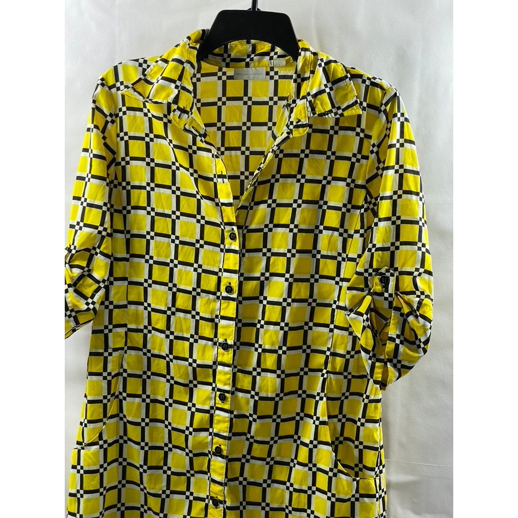 NEW YORK & COMPANY Women's Yellow/Black Honeycomb Button-Up Shirt Dress SZ M