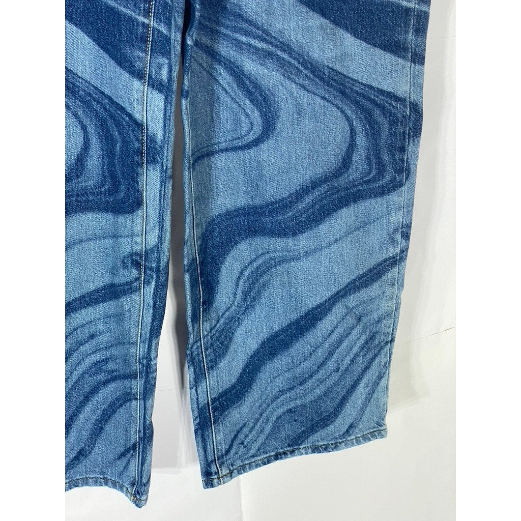 WILD FABLE Women's Blue Denim Swirl Print Highest Rise Baggy Jean SZ 28