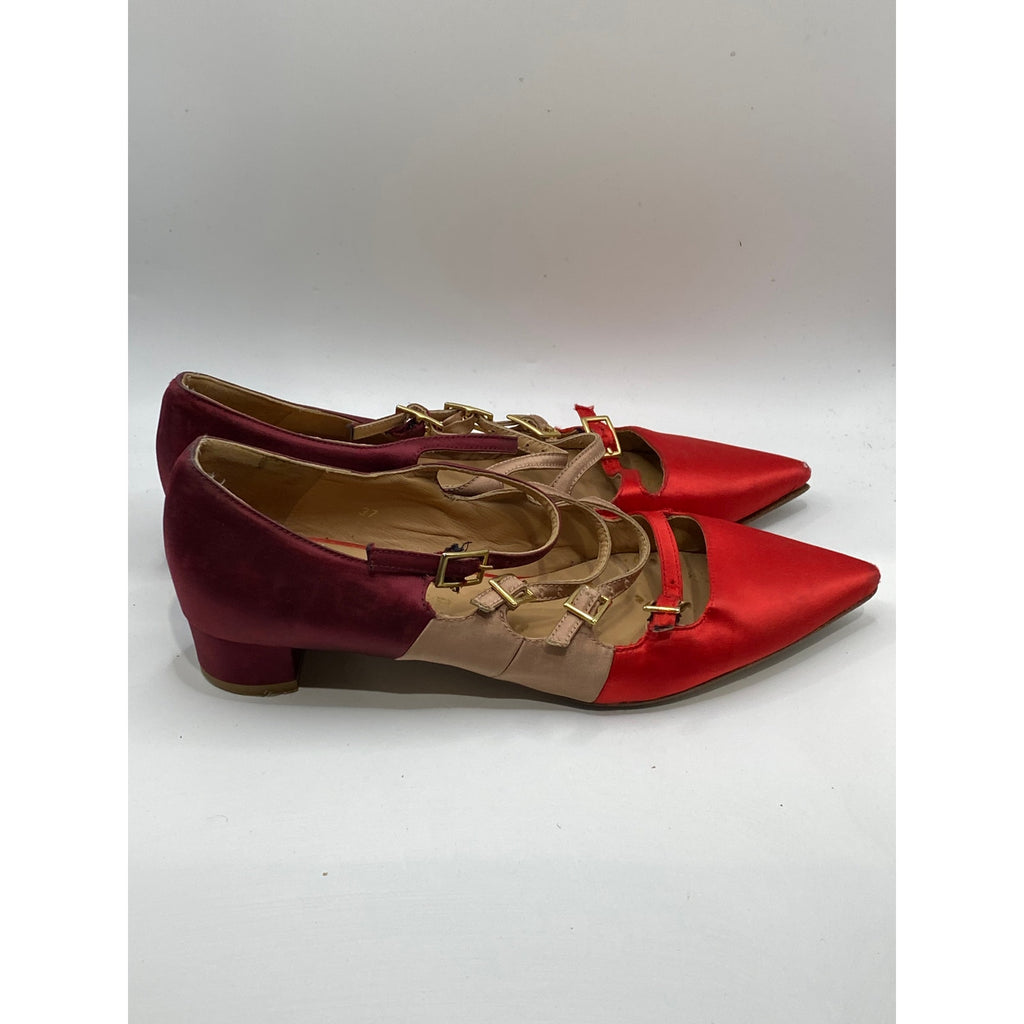 KURT GEIGER Women's Red Satin Pointed-Toe Strappy Wedge Mary Jane Shoes SZ 7