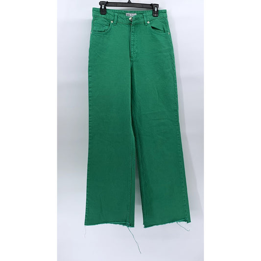ZARA Women's Dark Green Regular-Fit Raw-Hem Denim Wide-Leg Jeans SZ 4