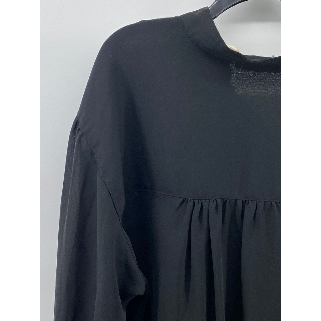 CHAUS Women's Black Sheer Button-Up Long Sleeve Tunic Top SZ 10