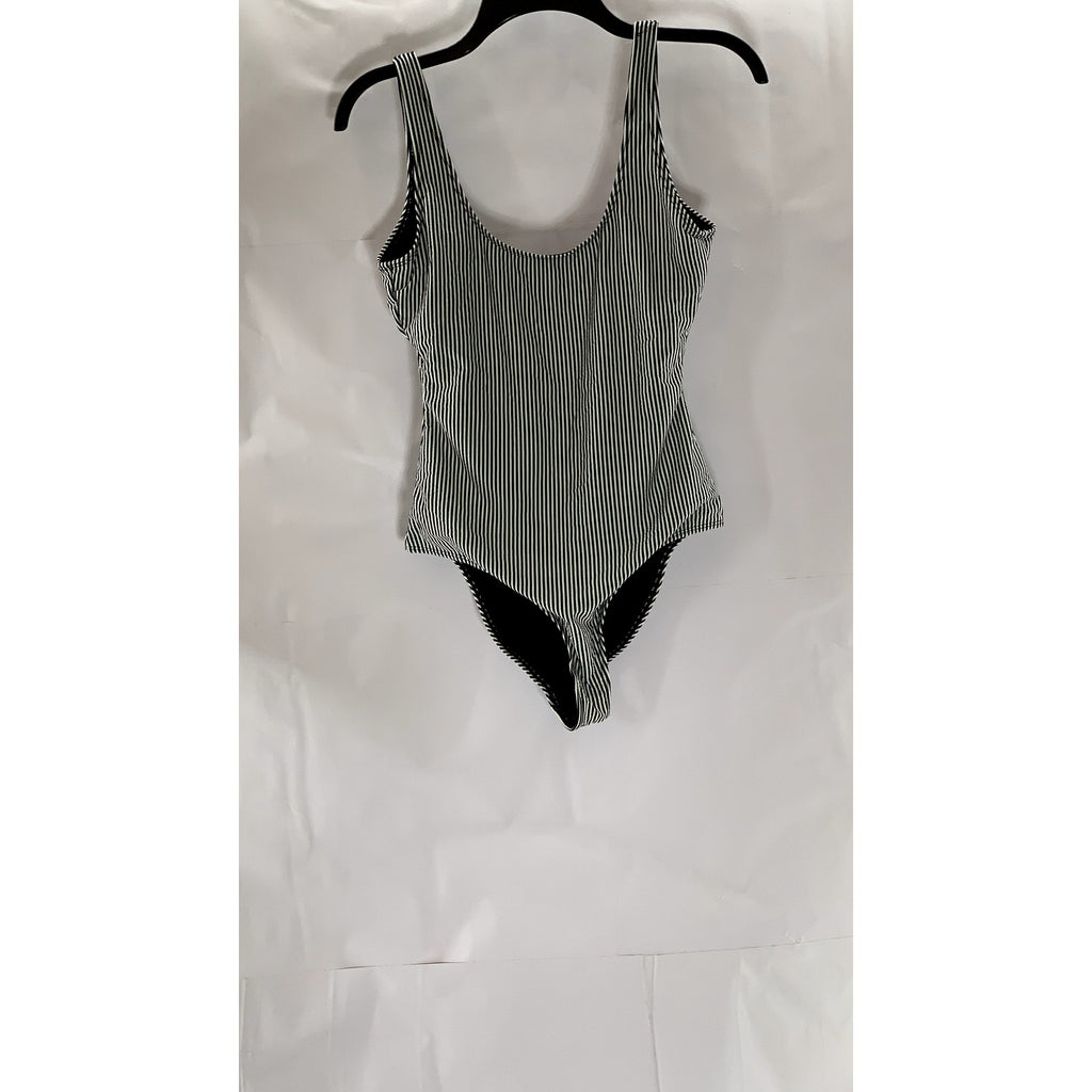 UNBRANDED Women's Black-White Striped Deep Scoop-Neck Swimsuit SZ XS