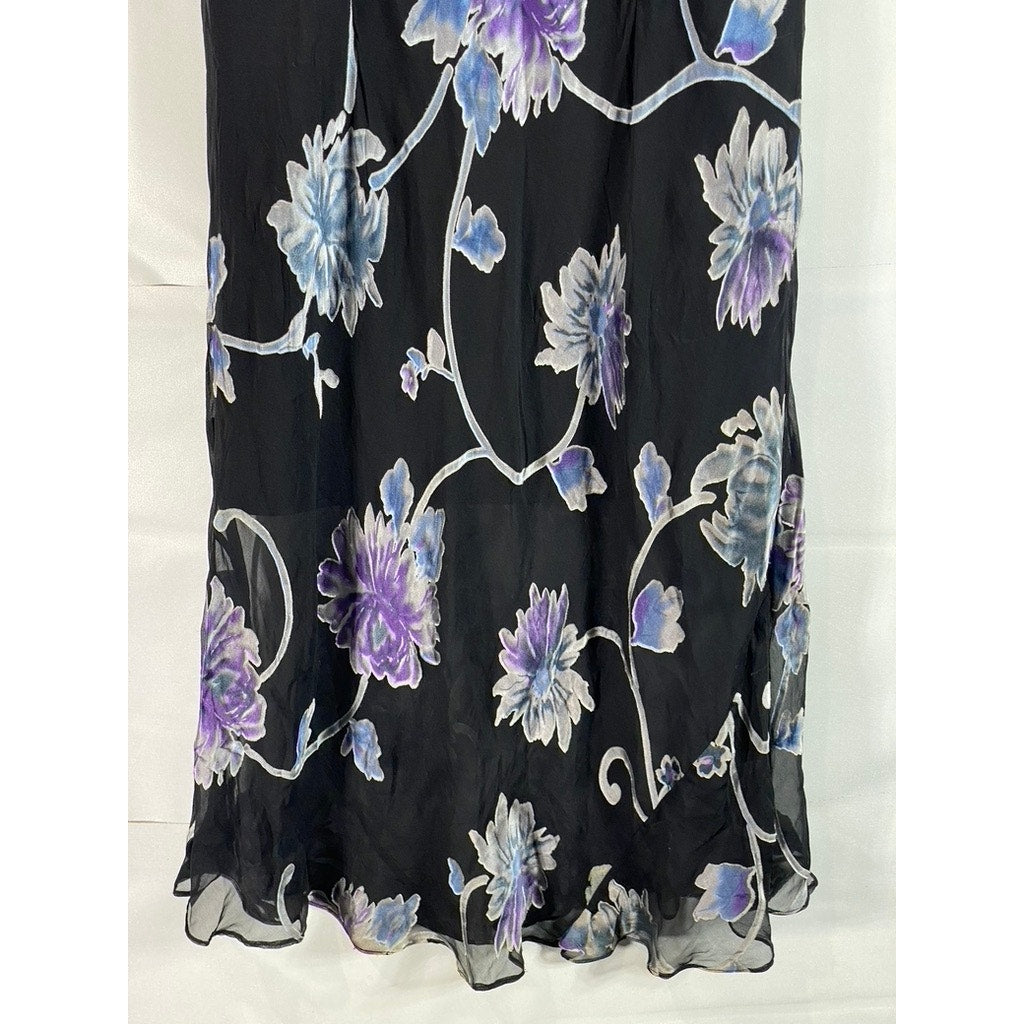 UNBRANDED Women's Black/Blue Floral Sheer V-Neck Sleeveless Midi Dress SZ S