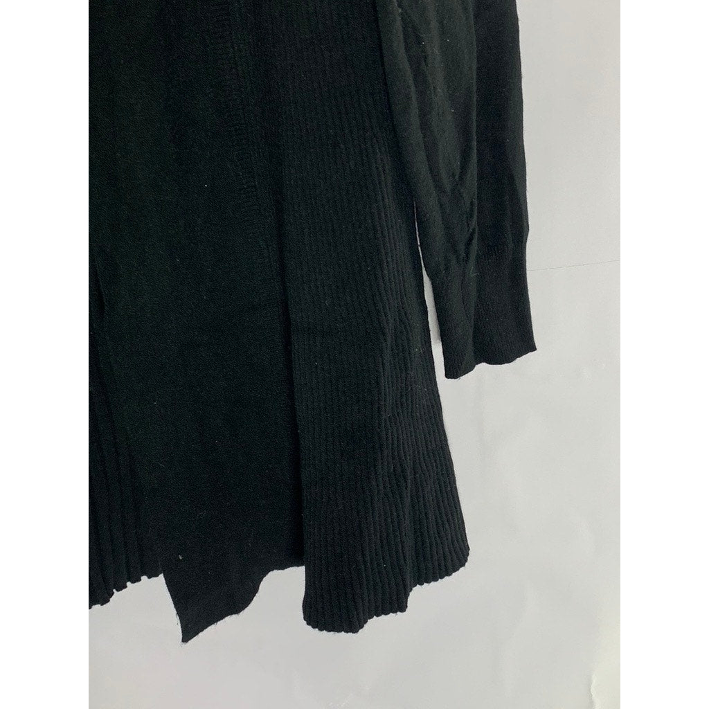 CYRUS Women's Black Solid Open-Front Shawl-Collar Ribbed Cardigan SZ M