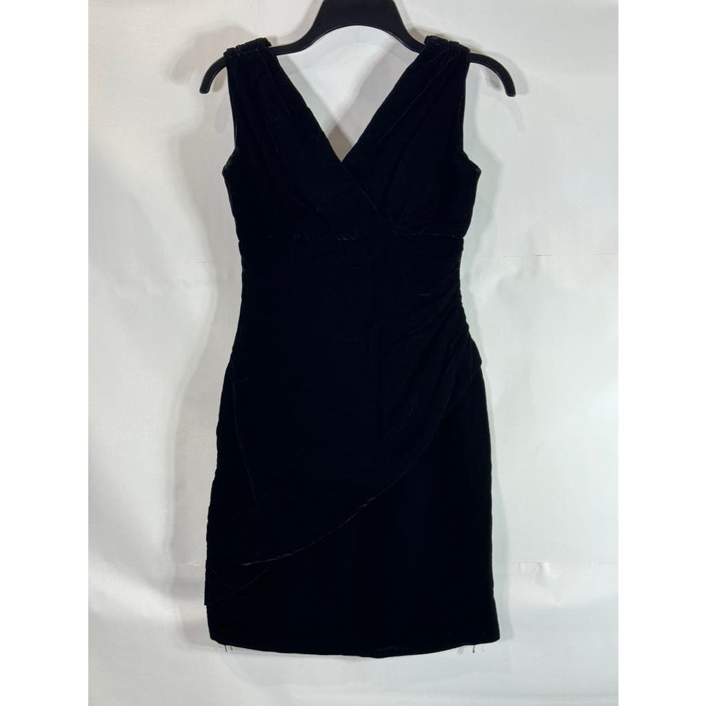 NICOLE MILLER Women's Black Velvet V-Neck Sleeveless Faux-Wrap Mini Dress SZ 4