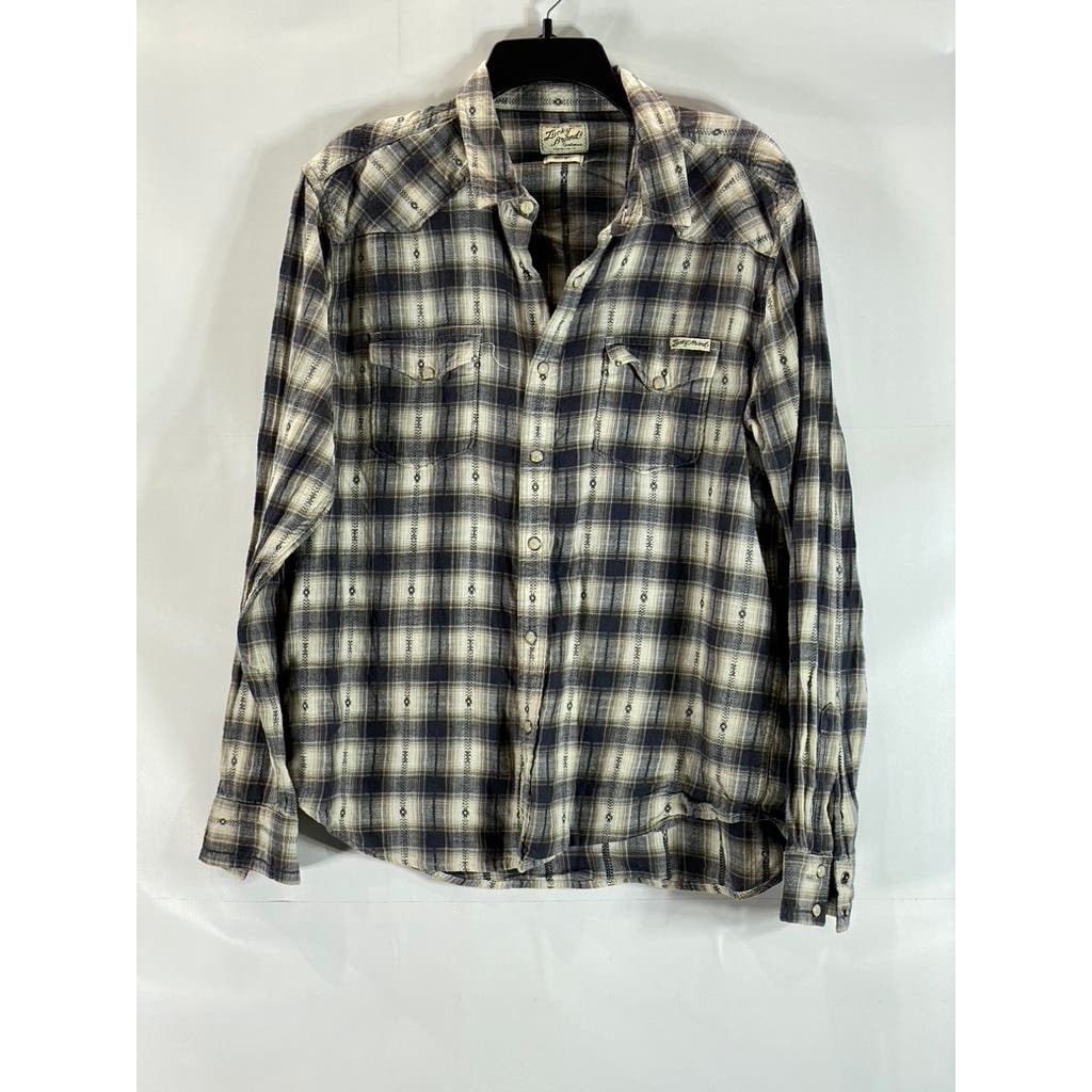 LUCKY BRAND Men's Cream/Gray Plaid Snap Button-Up Long Sleeve Western Shirt SZ L