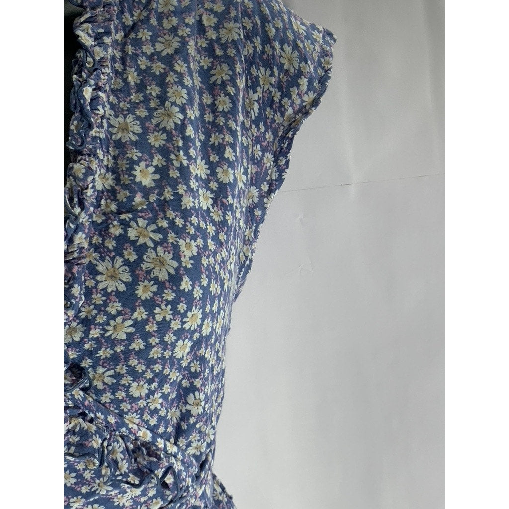 WALKER & WADE Women's Blue Floral Ruffle-Trim V-Neck Wrap Midi Dress SZ XS