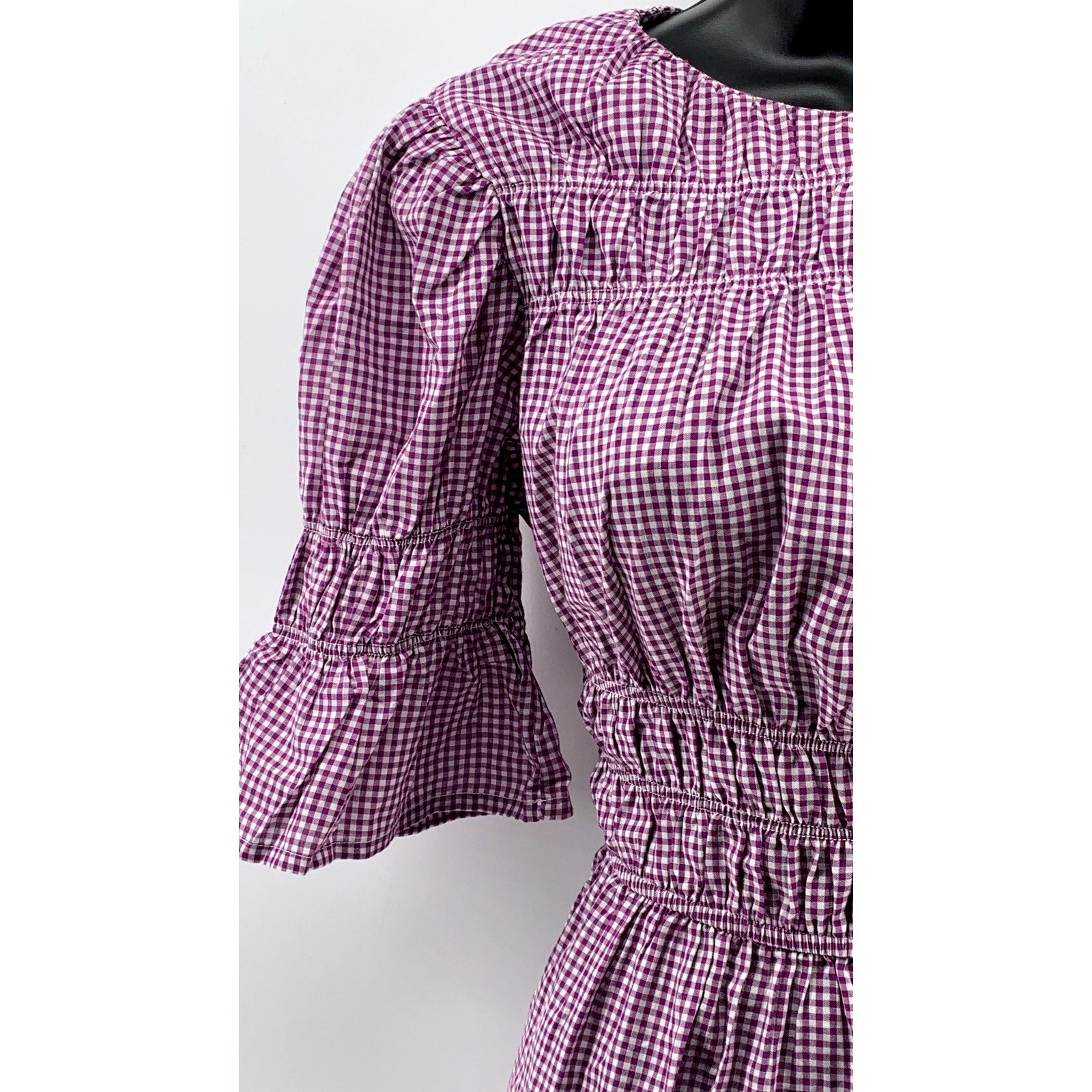 IINFLUENCE Women's Purple-White Mini Check Ruffle Short Sleeve Midi Dress SZ 8