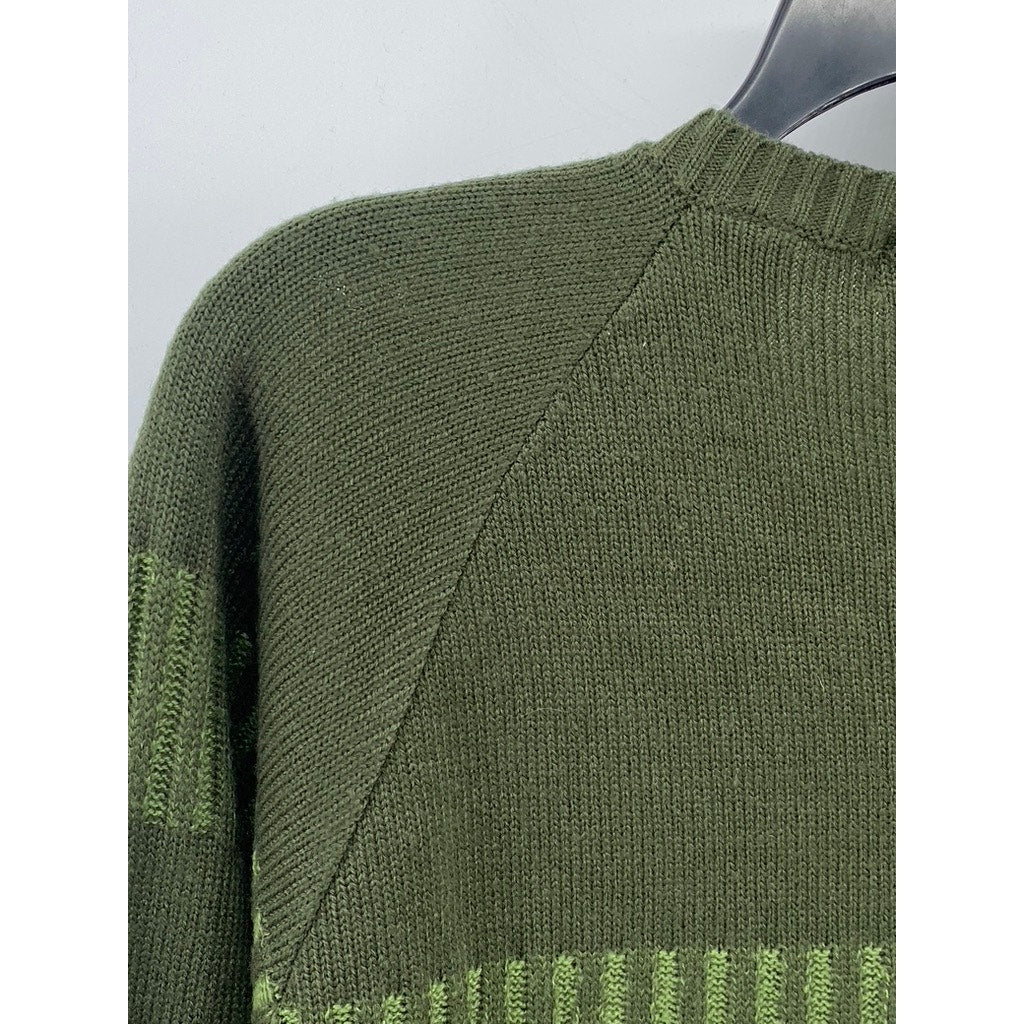 EXPRESS Men’s Dark Green V-Neck Knit Striped Long Sleeve Pullover Sweater SZ L