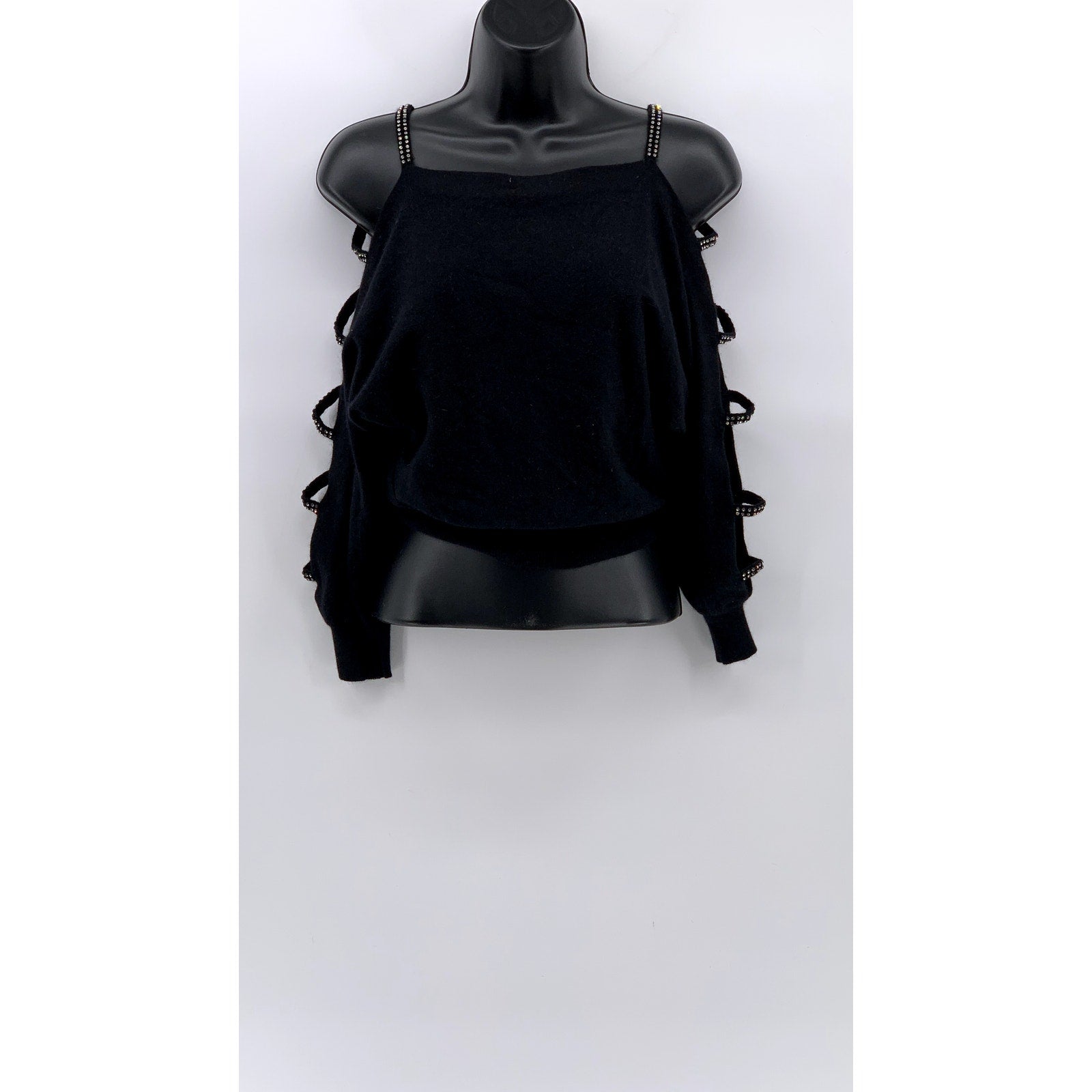 MICHAEL CARRIE Women's Vintage Black Cutout Rhinestone Embellished Sweater SZ S