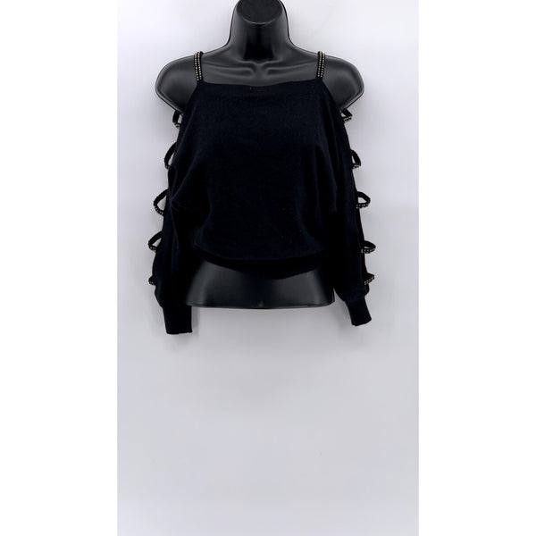 MICHAEL CARRIE Women's Vintage Black Cutout Rhinestone Embellished Sweater SZ S