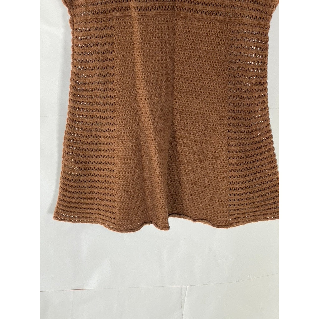 CALVIN KLEIN JEANS Women's Brown Crochet Knit V-Neck Short Sleeve Top SZ M