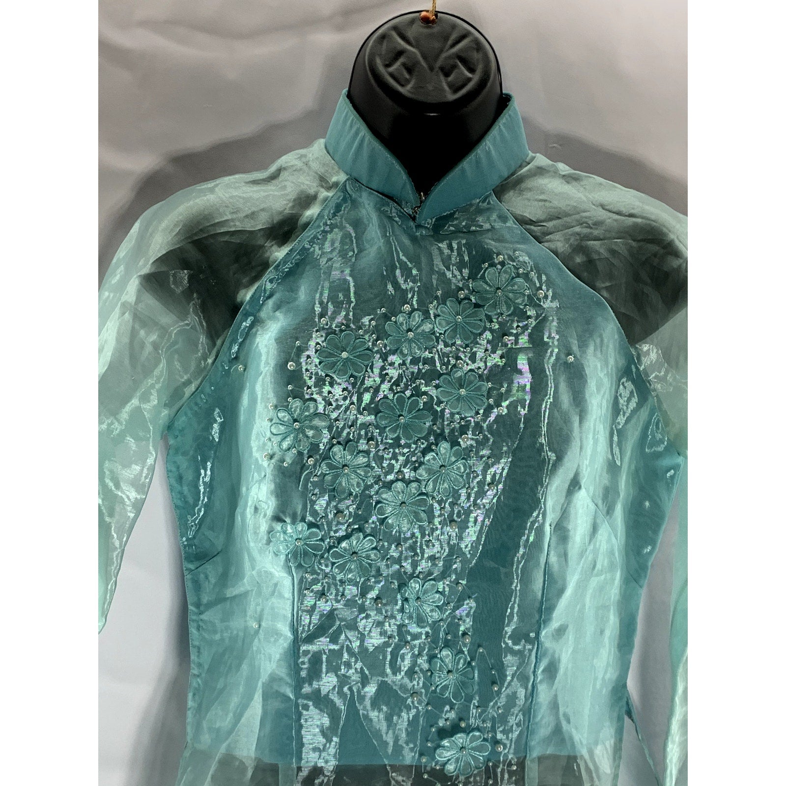 OANH NQA Women's Blue/Green Sheer 3-D Floral Long Sleeve Kurta SZ S