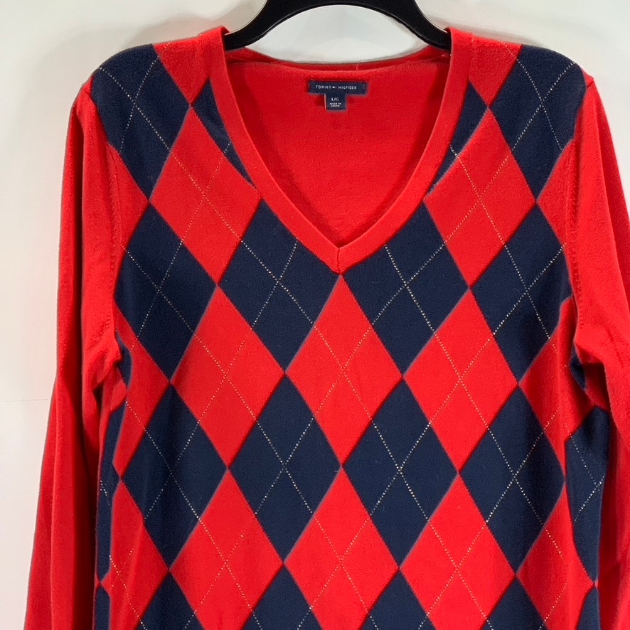 TOMMY HILFIGER Women's Red V-Neck Diamond Argyle Knit Pullover Sweater SZ L