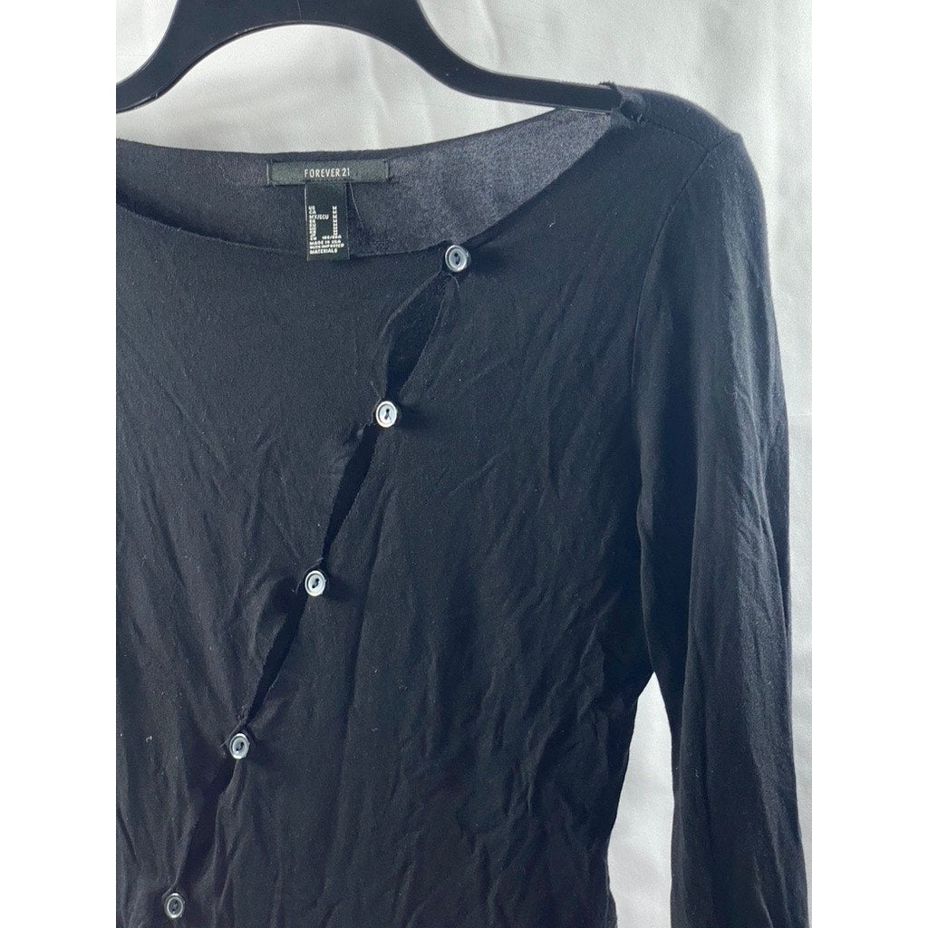 FOREVER 21 Women's Black Asymmetrical Cutout Button Long Sleeve Crop Top SZ M