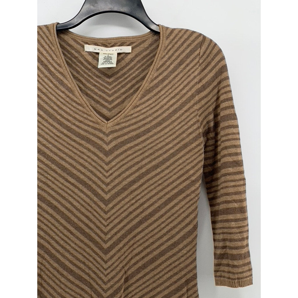 MAX STUDIO Women’s Brown Two-Tone Diagonal Stripe V-Neck Sweater Dress SZ S