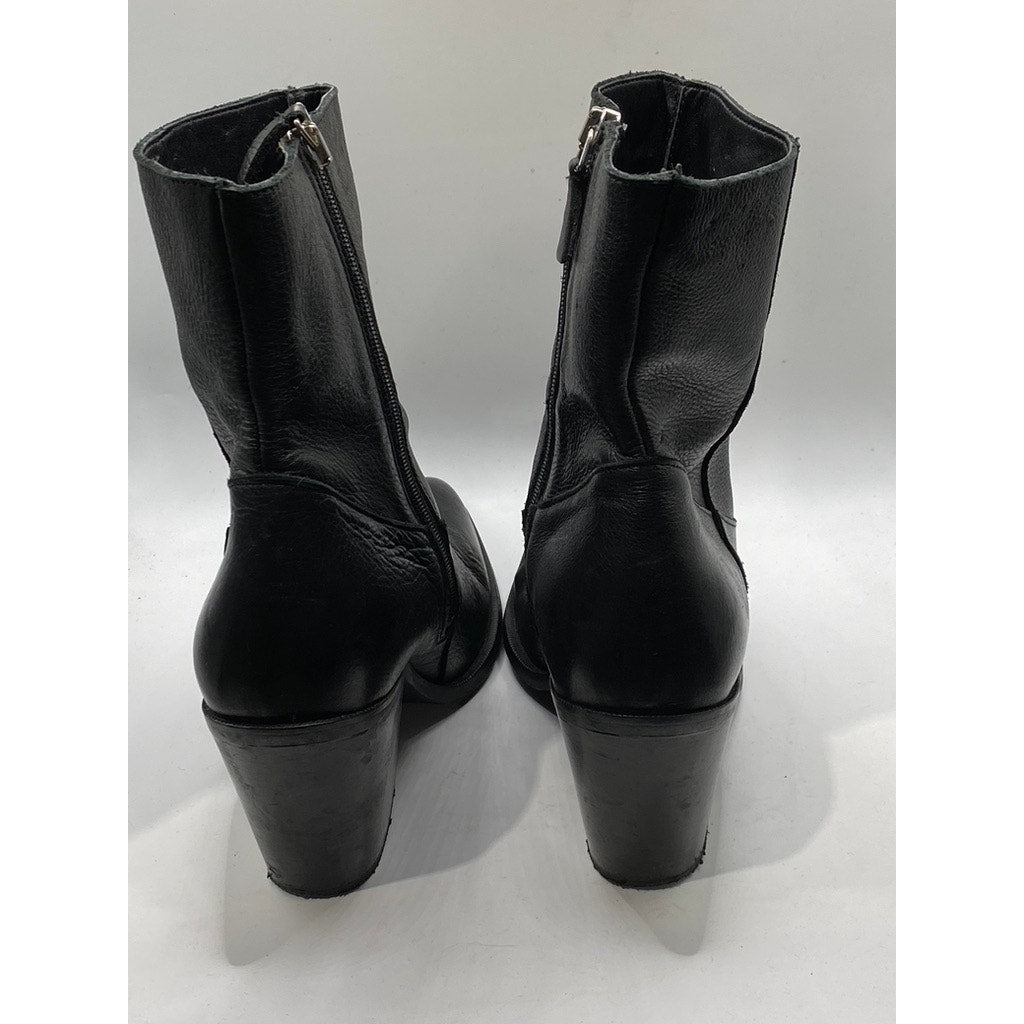 MNG Women's Black Leather Almond Toe Block-Heel Mid-Calf Boots SZ 41(US11)