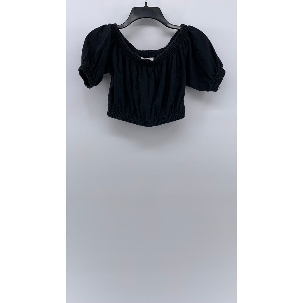 FASHION LOVE Women's Black Solid Scoop-Neck Short Puff Sleeve Cropped Top SZ S