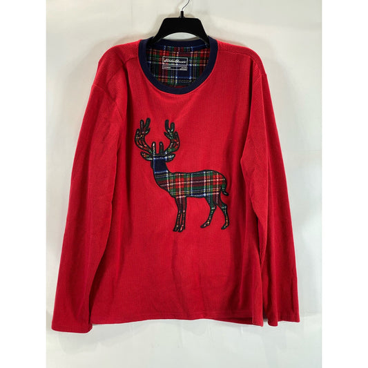 EDDIE BUAER Men's Red/Green Holiday Moose Graphic Waffle Knit Pajama Shirt SZ XL