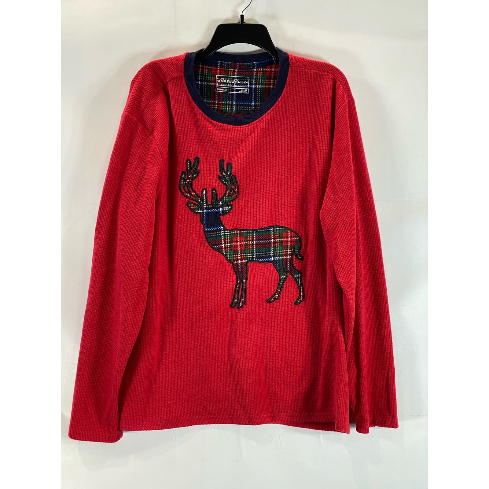 EDDIE BUAER Men's Red/Green Holiday Moose Graphic Waffle Knit Pajama Shirt SZ XL