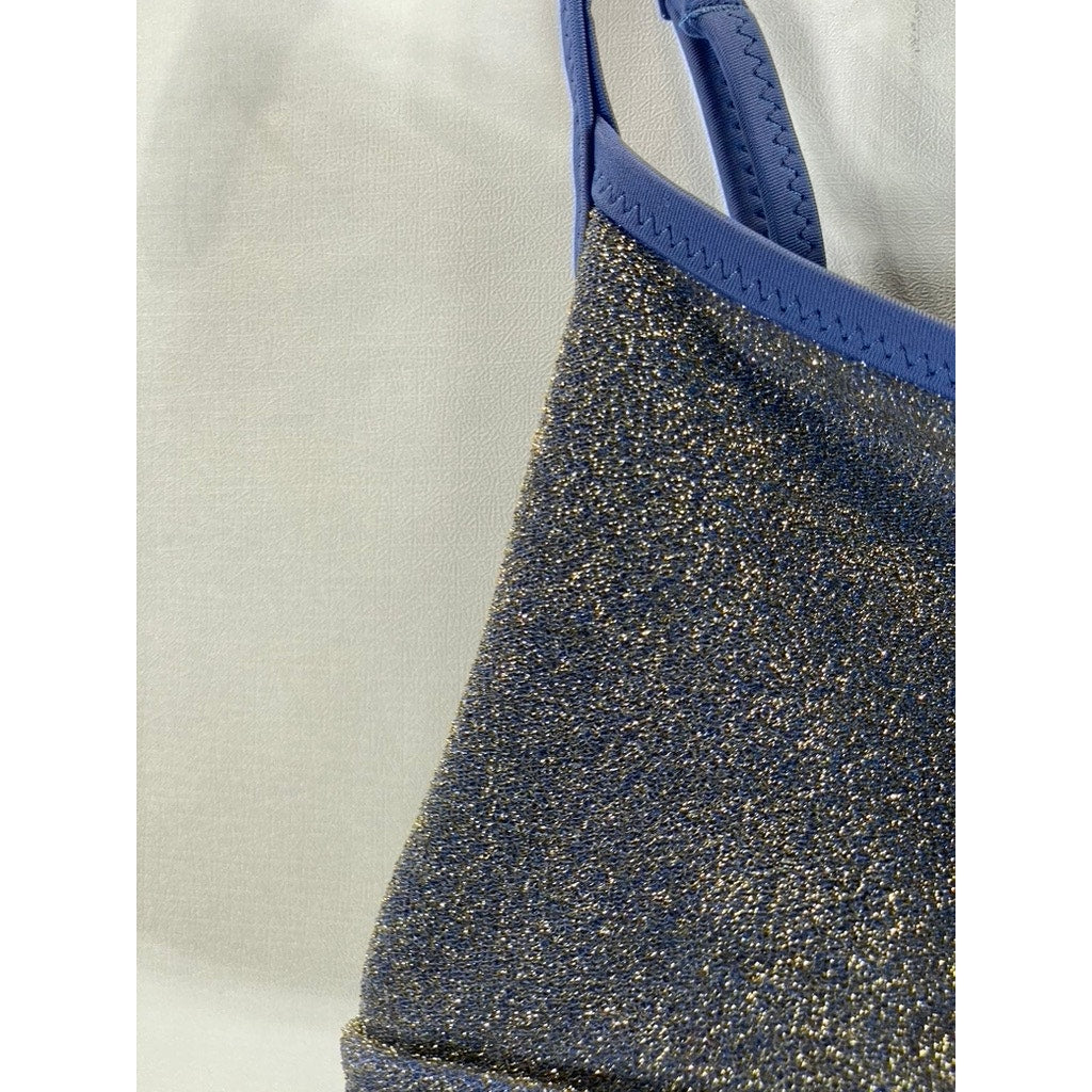 AMERICAN EAGLE AERIE Women's Marbled Blue Sparkle Straight Scoop Bikini Top SZXS