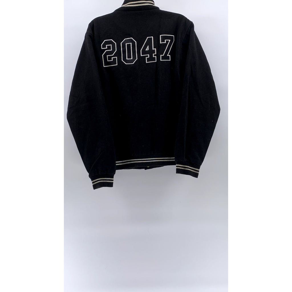 DURKL Men's Vintage Black-White Button-Up Striped-Trim Varsity Jacket SZ M