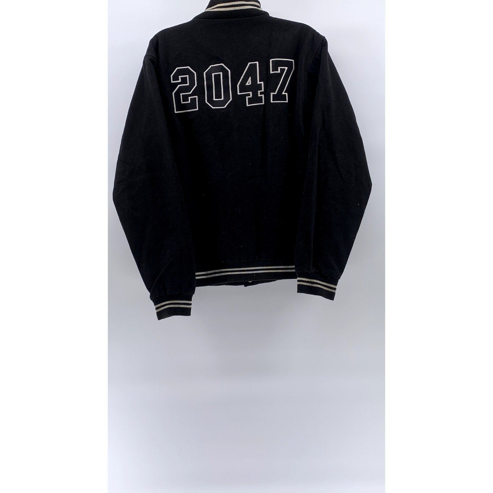 DURKL Men's Vintage Black-White Button-Up Striped-Trim Varsity Jacket SZ M