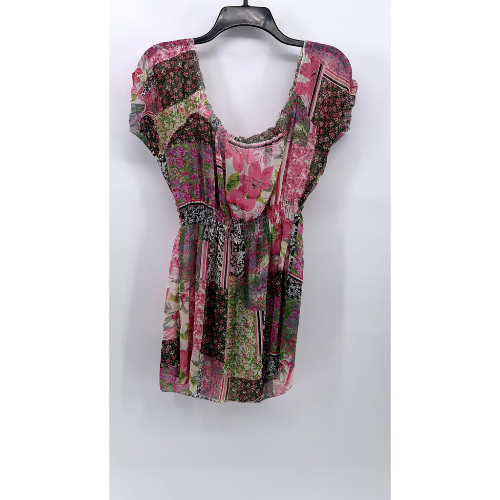 UNBRANDED Women's Pink-Green Multi Printed Puff-Short Sleeve A-Line Dress SZ S