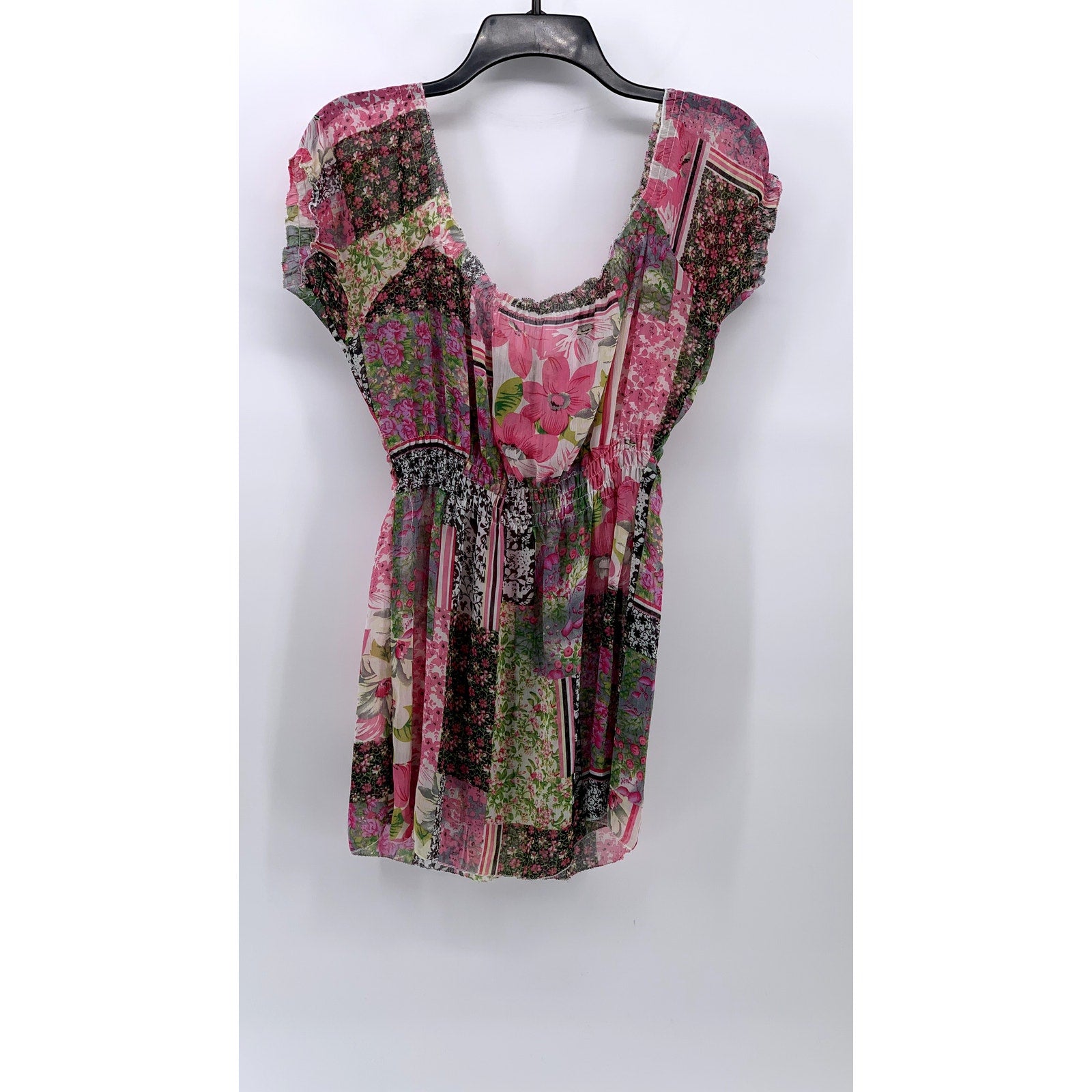 UNBRANDED Women's Pink-Green Multi Printed Puff-Short Sleeve A-Line Dress SZ S