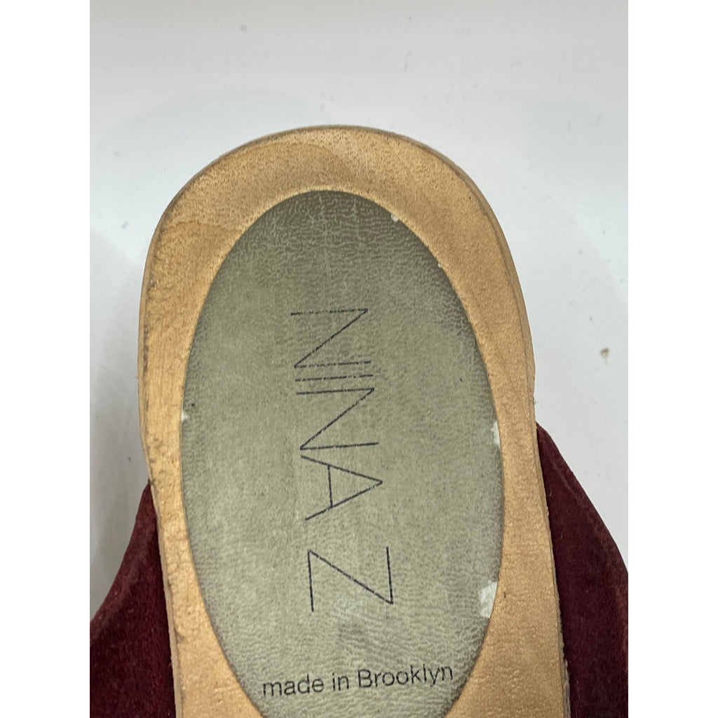 NINA Z Women's Maroon Leather Round Closed Toe Slip-On Wooden Wedge Clog SZ 9