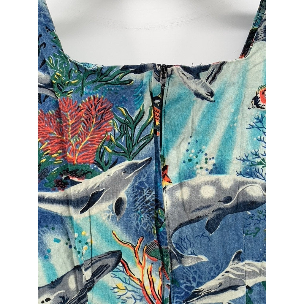 SHANNON MARIE Women's Vintage 70's Blue Sealife Square-Neck Mini Dress SZ S