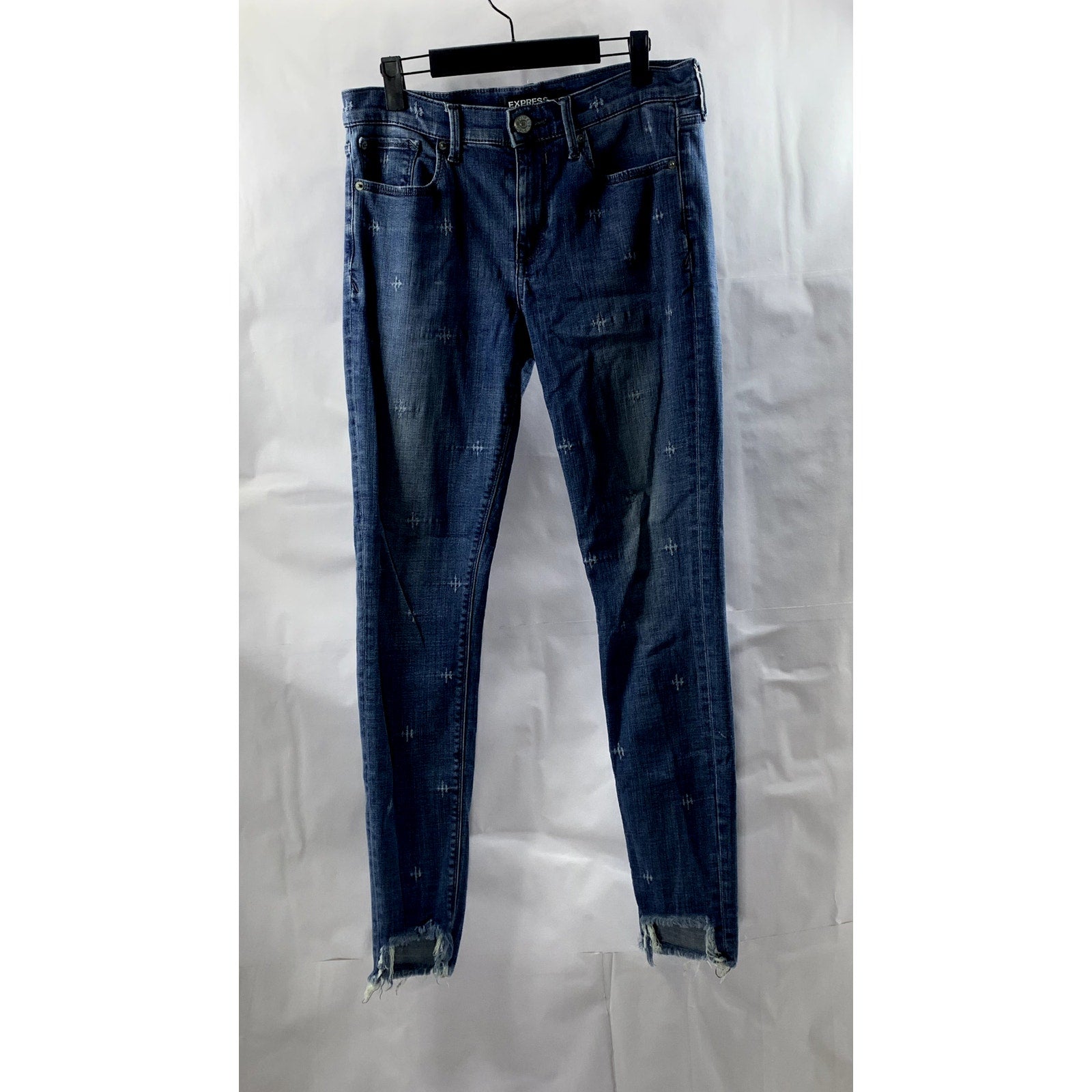 EXPRESS Women's Medium Blue Denim Distressed Raw-Hem Stretch Mid-Rise Jeans SZ6L
