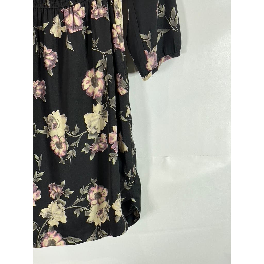 SKIES ARE BLUE Women's Black Floral Print Bronwyn V-Neck Long Sleeve Dress SZ S