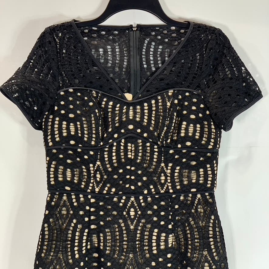 NUE by SHANI Women's Black Lace Nude Lined V Neck Dress SZ 4