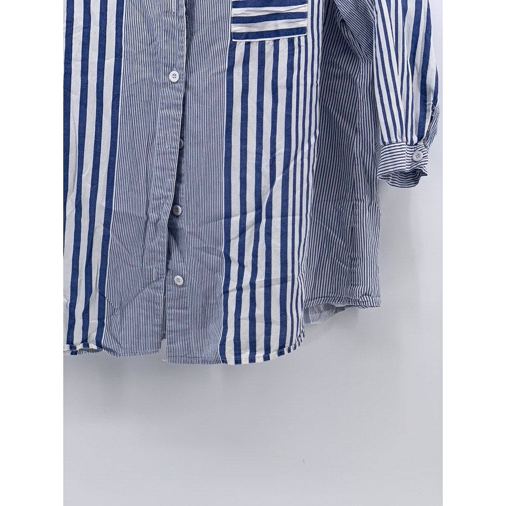 UNBRANDED Women's Blue-White Striped Button-Up Short Sleeve Top SZ L