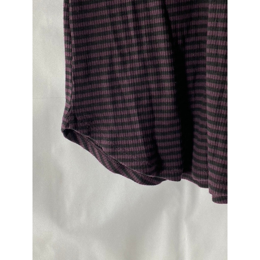 WE THE FREE Women’s Purple-Black Striped V-Neck Lace-Up 3/4 Sleeve Top SZ M
