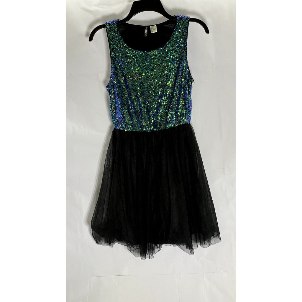 DIVIDED BY H&M Women's Blue/Black Sequin Embellished Crewneck Tulle Dress SZ 6
