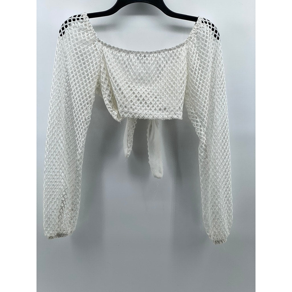 IRIS Women's White Mesh Long Sleeve Tie-Knot Cropped Top SZ S
